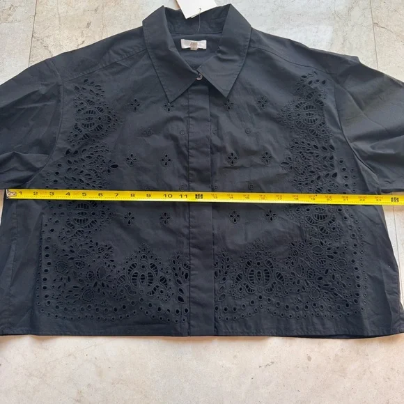 A.L.C Jade Black Cotton Eyelet Embroidered Short Sleeves Blouse Top size L - Picture 10 of 14